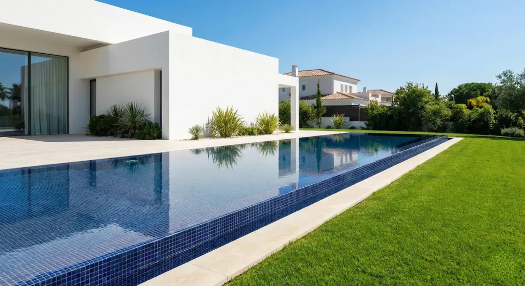 Piscina rectangular de diseño moderno integrada a ras de césped junto a una villa de lujo.
