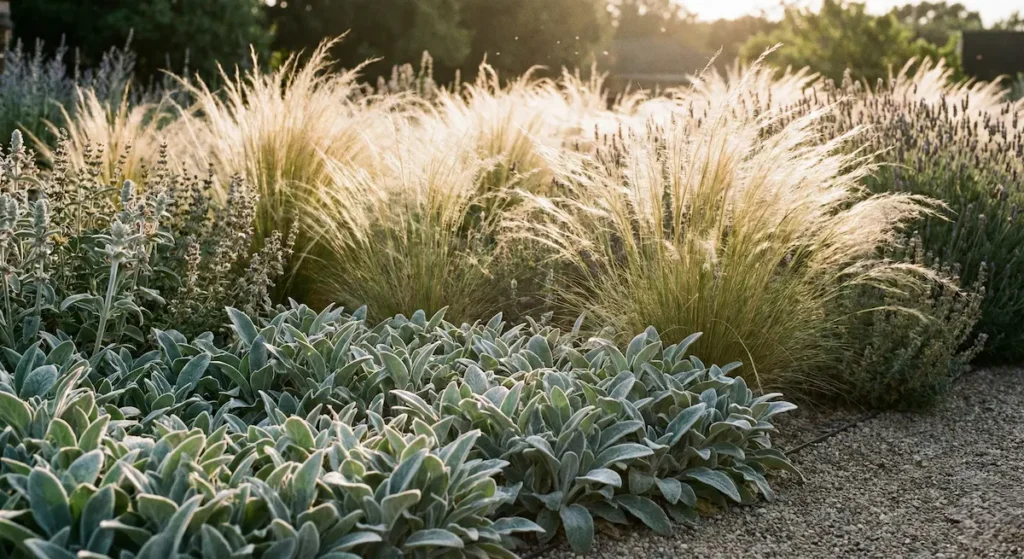 Contraste de texturas botánicas con hojas suaves y gramíneas ornamentales iluminadas por el sol del atardecer.