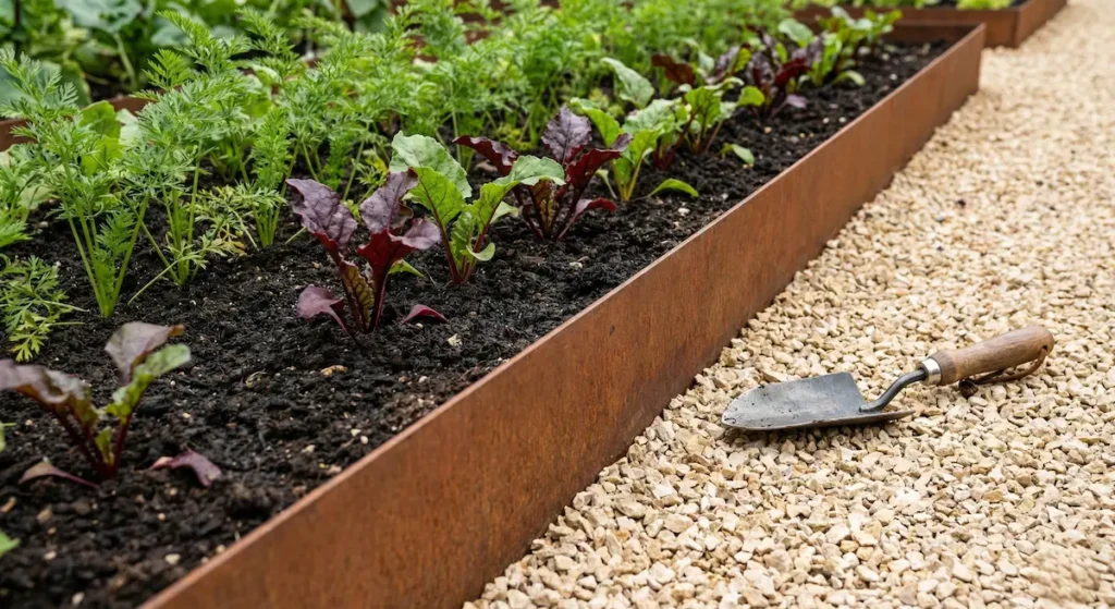 huerto con borde metálico proporciona orden en el huerto