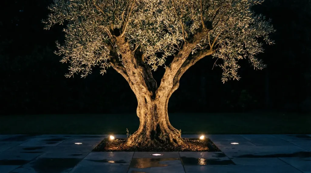 Detalle de iluminación rasante cálida en el tronco de un árbol escultural destacando texturas en un jardín de lujo.