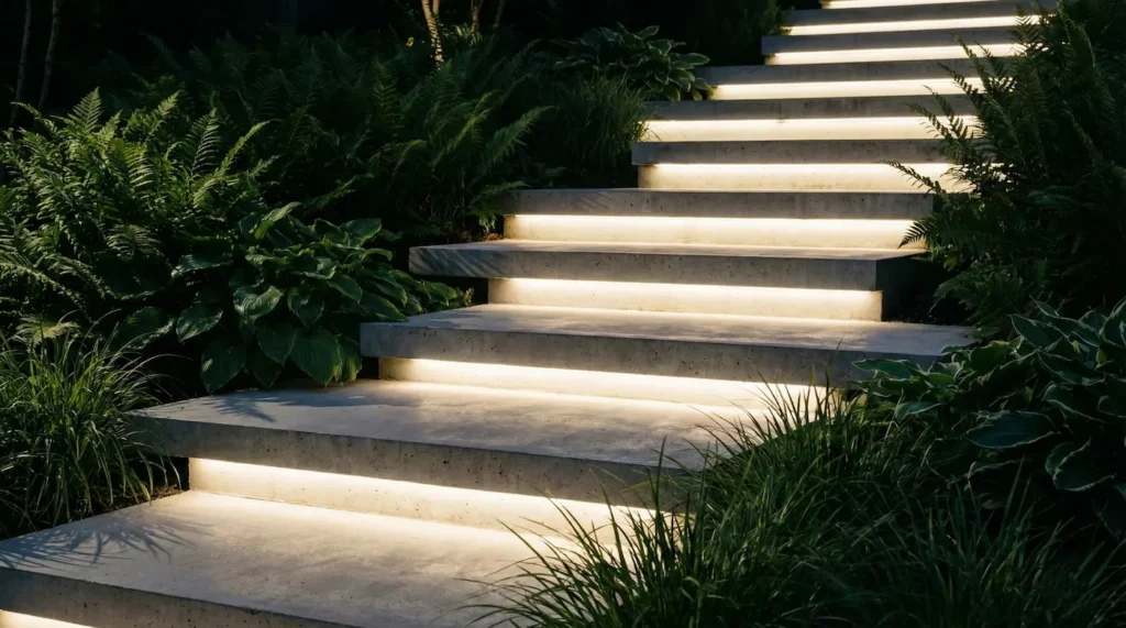 Escaleras de hormigón modernas con iluminación técnica mediante tiras LED invisibles bajo los peldaños.