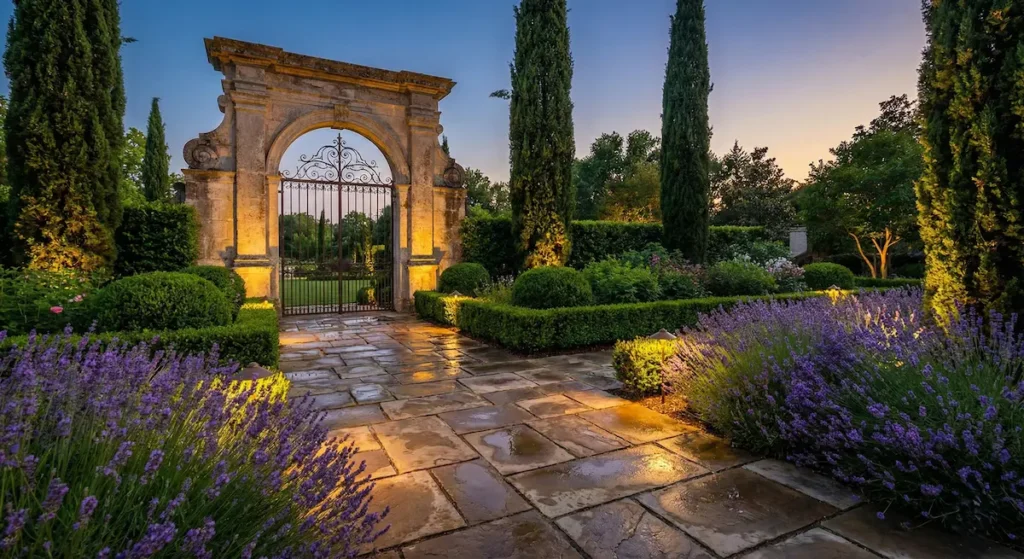 Sendero de piedra en un jardín formal iluminado suavemente, guiando hacia un arco antiguo de piedra.