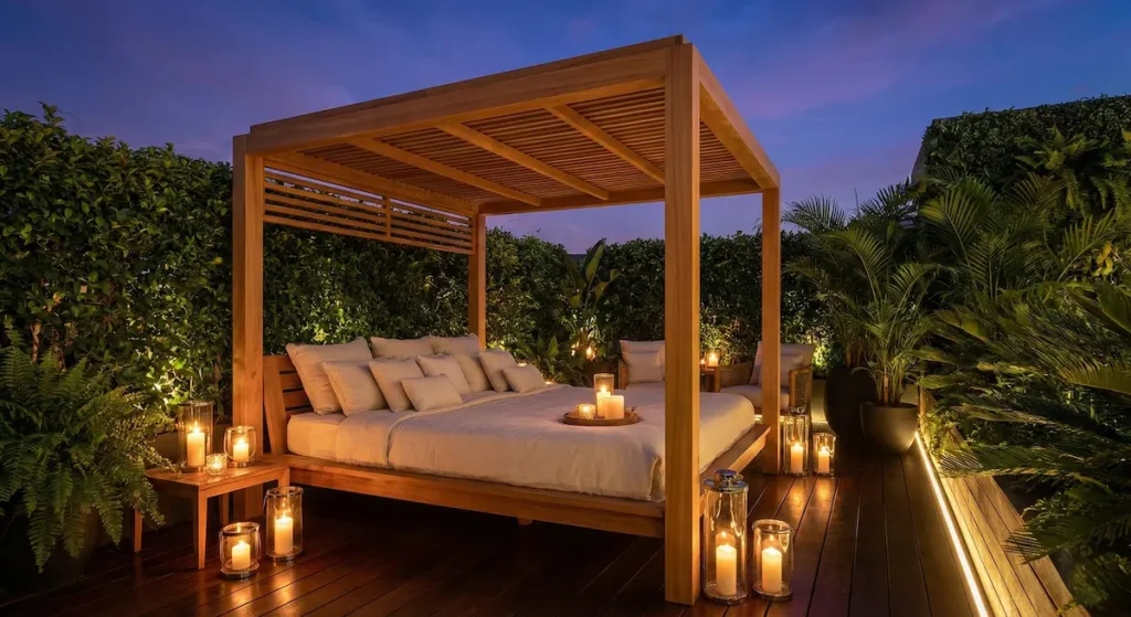 Cama de exterior bajo una pérgola de madera rústica, iluminada románticamente con velas al anochecer.
