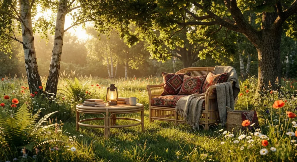Rincón de lectura bohemio con sillón de ratán y cojines bajo la sombra de árboles maduros.