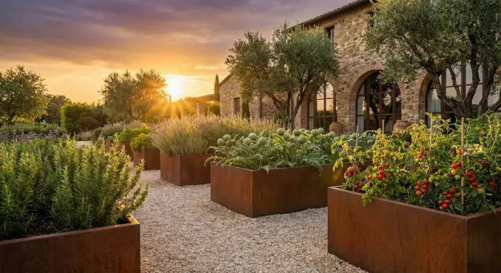 Bancales elevados de acero corten en un huerto de lujo iluminados por la cálida luz del atardecer.