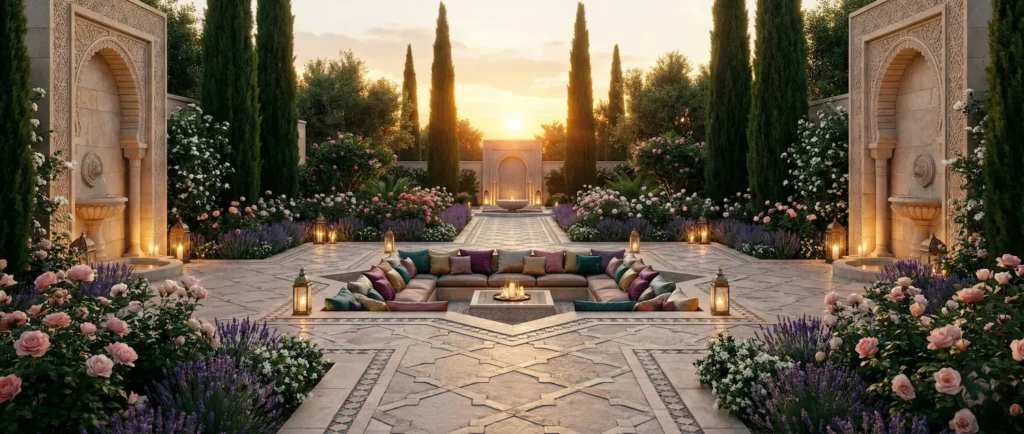 Vista panorámica 21:9 de un jardín árabe con arquería tallada y luces cálidas al atardecer.