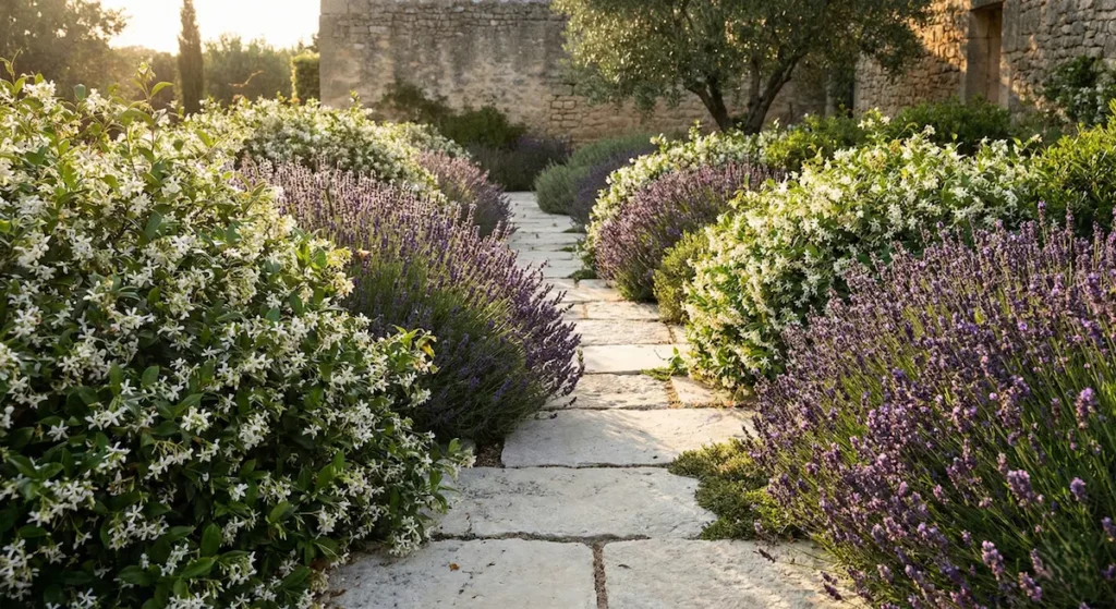 Camino de piedra natural flanqueado por lavanda y flores aromáticas en un diseño de paisajismo inmersivo.