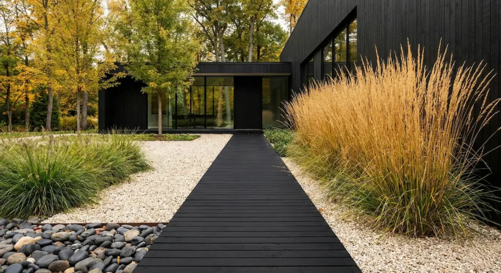 jardín perimetral compuesto de gramíneas un paso en madera negra y gravas de colores en conjunción con la fachada
