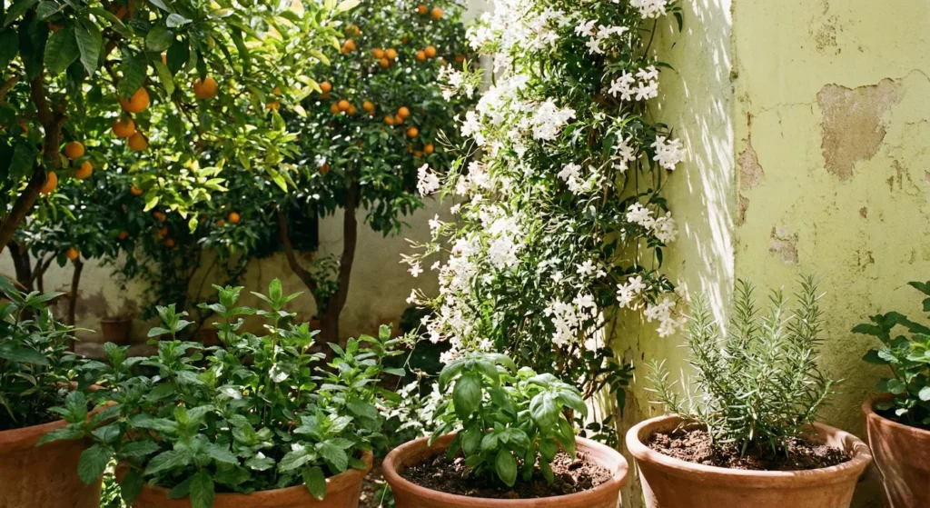 Detalle de jazmín en flor y naranjos en un jardín aromático de inspiración islámica.