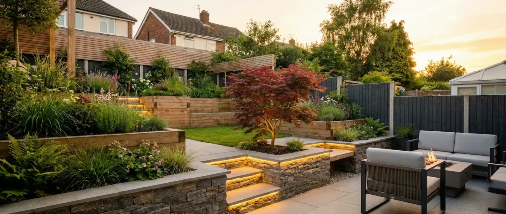 Vista panorámica 21:9 de jardín de chalet pareado con diseño por niveles.