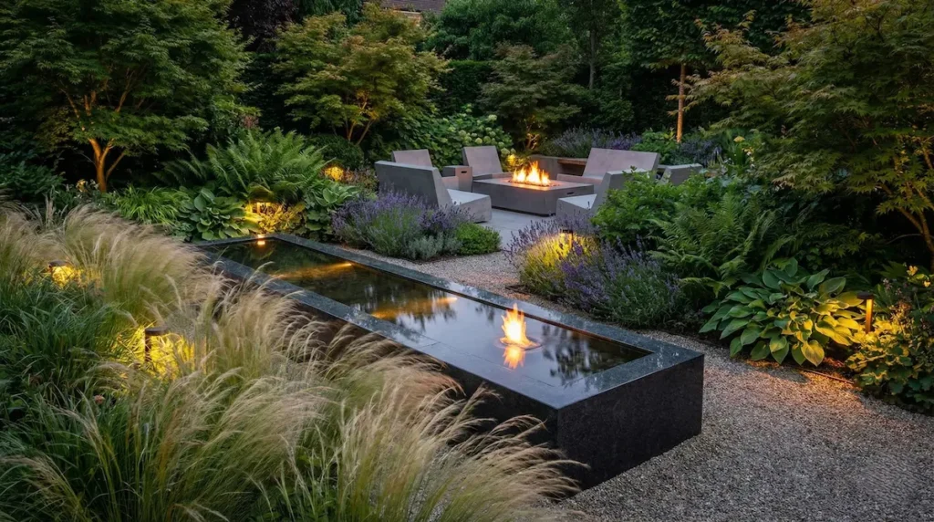Fuente moderna de agua en acero corten rodeada de helechos, aportando sonido relajante al jardín sensorial.
