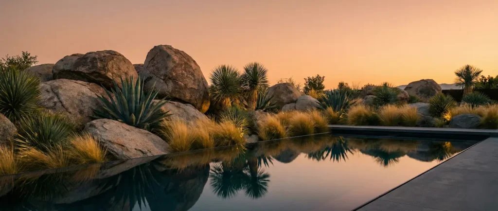 Vista panorámica 21:9 de jardín de lujo con bajo consumo de agua y piscina reflectante.