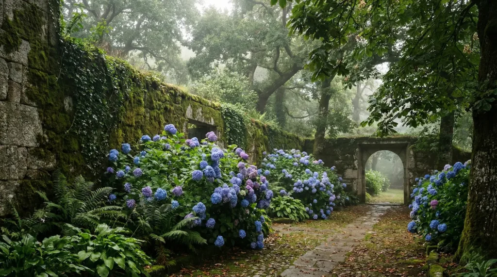 Espectacular jardín histórico de estilo pazo gallego con muros de piedra cubiertos de musgo y grandes hortensias azules bajo una luz difusa.