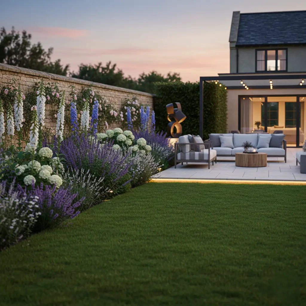 evolución del jardín inglés con la incorporación elementos modernos más de actualidad