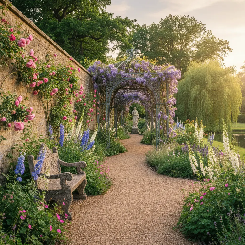 imagen evoca la serenidad y la belleza de un paseo en un jardín inglés arco con glicinia