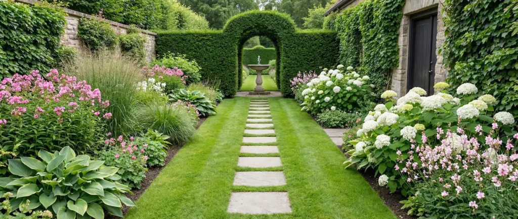 jardín inglés con un estilo romántico flores y arbustos a los lados de fondo un arco topiaria con tejo recortado y fuente de piedra