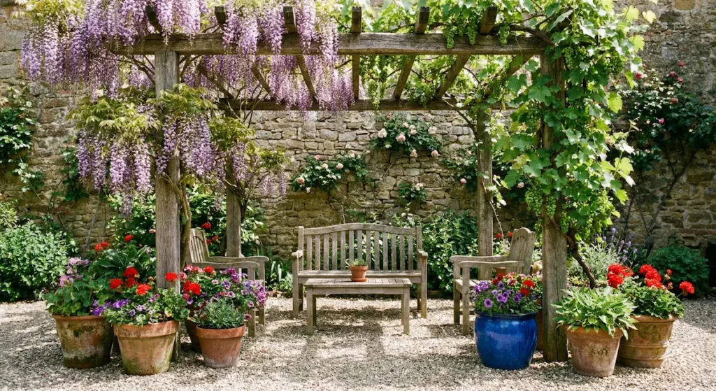 Mini jardín de estilo italiano con una pérgola de madera rústica cubierta de glicinia morada, suelo de grava y un muro de piedra antigua.