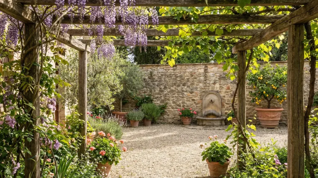 Vista desde debajo de una pérgola rústica enmarcada por flores de glicinia, mostrando un patio de grava con una fuente de piedra al fondo.