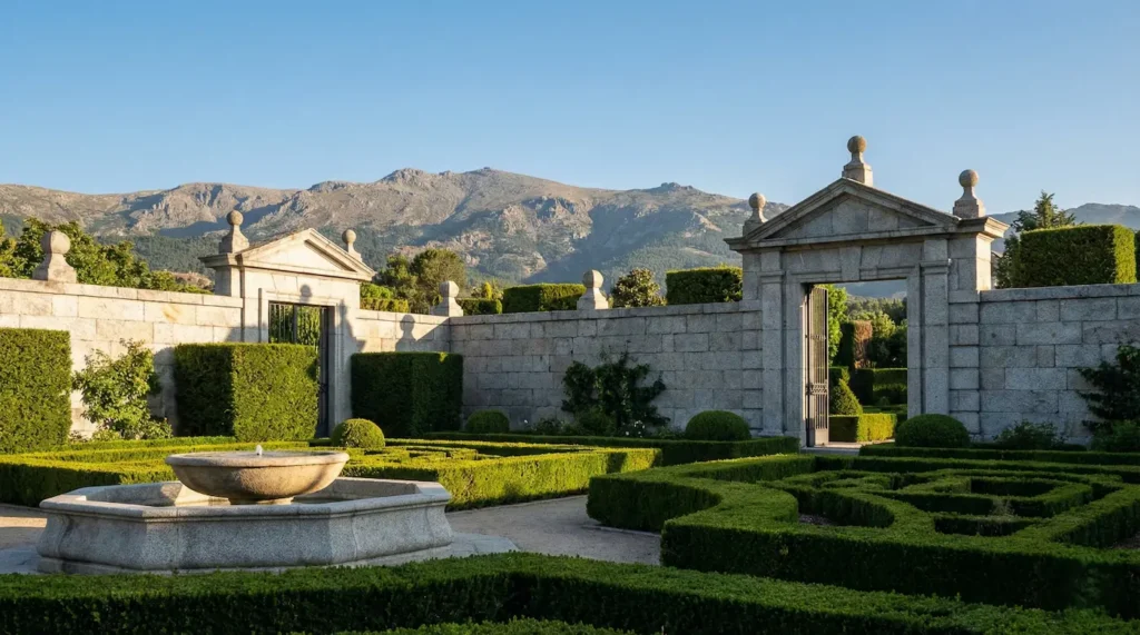 Diseño de jardín de lujo en la Sierra de Madrid con muros de granito, setos geométricos y vistas a la montaña bajo un cielo azul.