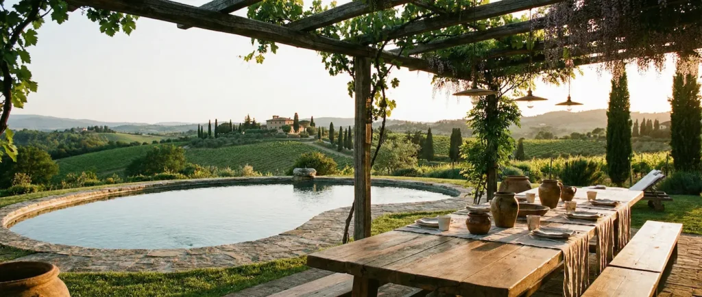 Terraza toscana con pérgola y vistas a los viñedos al atardecer en formato 21:9.