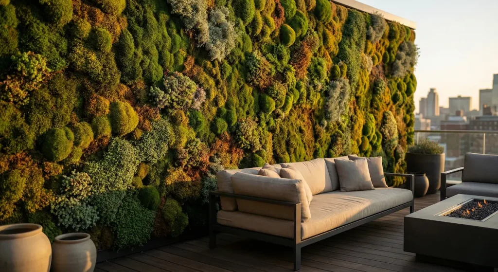 Jardín vertical natural con musgo y plantas pequenas para dar privacidad a una terraza