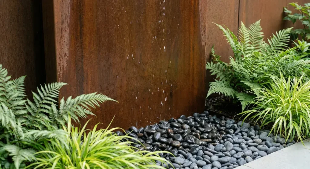 Fuente moderna de agua en acero corten rodeada de helechos, aportando sonido relajante al jardín sensorial.