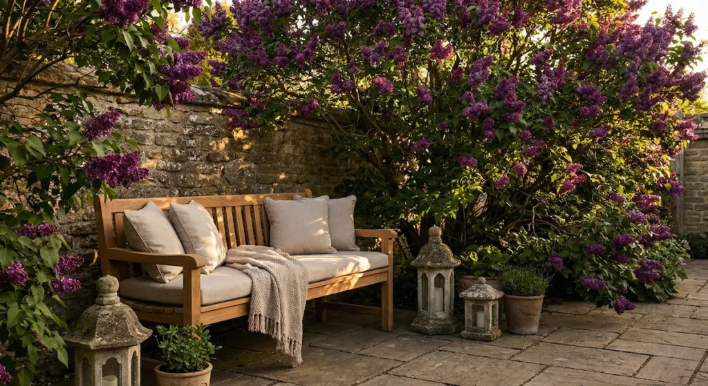 lilos en patio junto a un banco invitación a disfruta de aroma y frescor