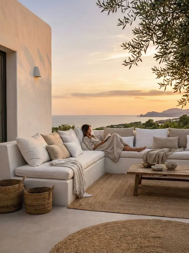 Lujosa zona chill-out de estilo ibicenco al atardecer, con sofás de obra blancos, cojines de lino y decoración en fibras naturales.