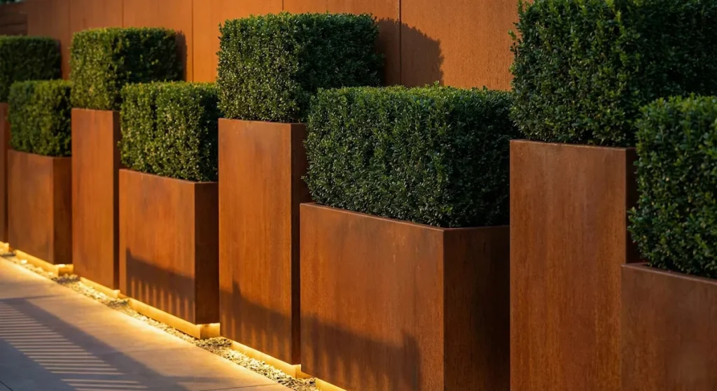 Setos verdes plantados en jardineras de acero corten para separar zonas en el jardín.
