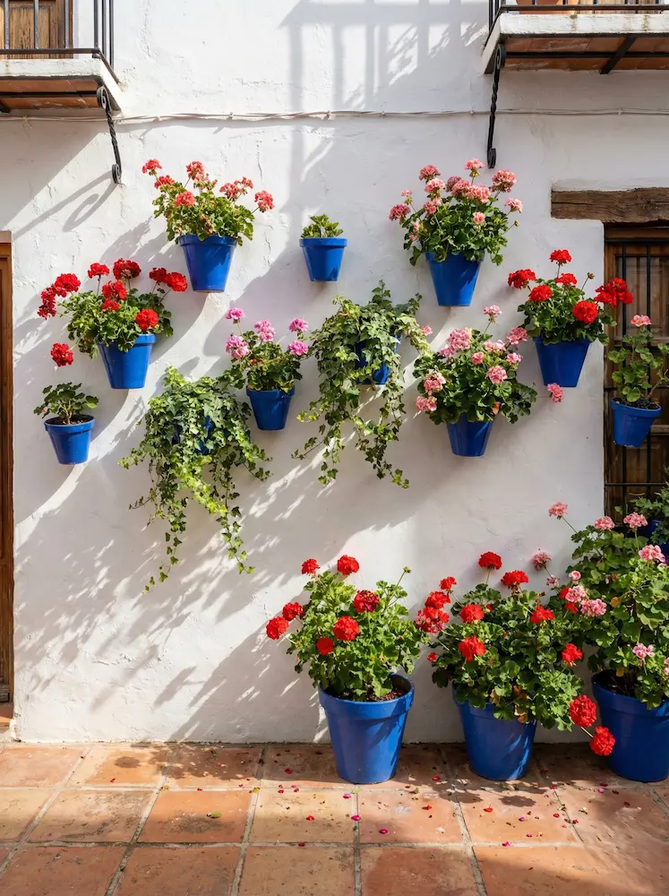 Detalle de pared blanca encalada en un patio interior con típicas macetas de cerámica azul cobalto llenas de geranios en flor.