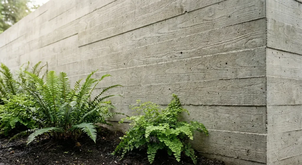 Detalle técnico de muro de hormigón visto con textura de madera en jardín de autor.
