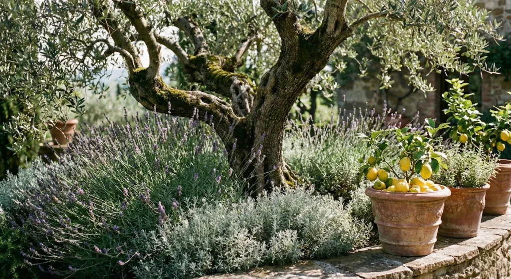 Detalle de olivo centenario y lavanda en jardín de inspiración italiana.