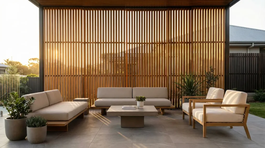 Pantalla de listones de madera verticales en un patio de diseño moderno.