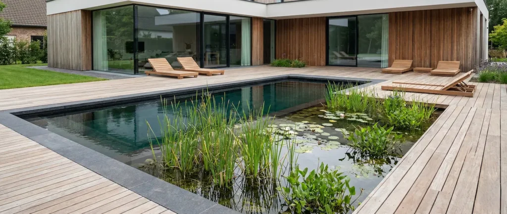 Vista panorámica de una biopiscina de diseño moderno integrada en un jardín de lujo con zona de regeneración vegetal.