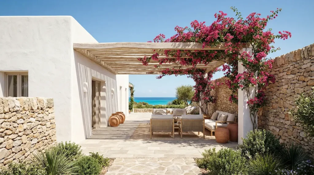 Espectacular terraza y jardín de estilo ibicenco con arquitectura blanca, muros de piedra seca y pérgola con buganvilla frente al mar.
