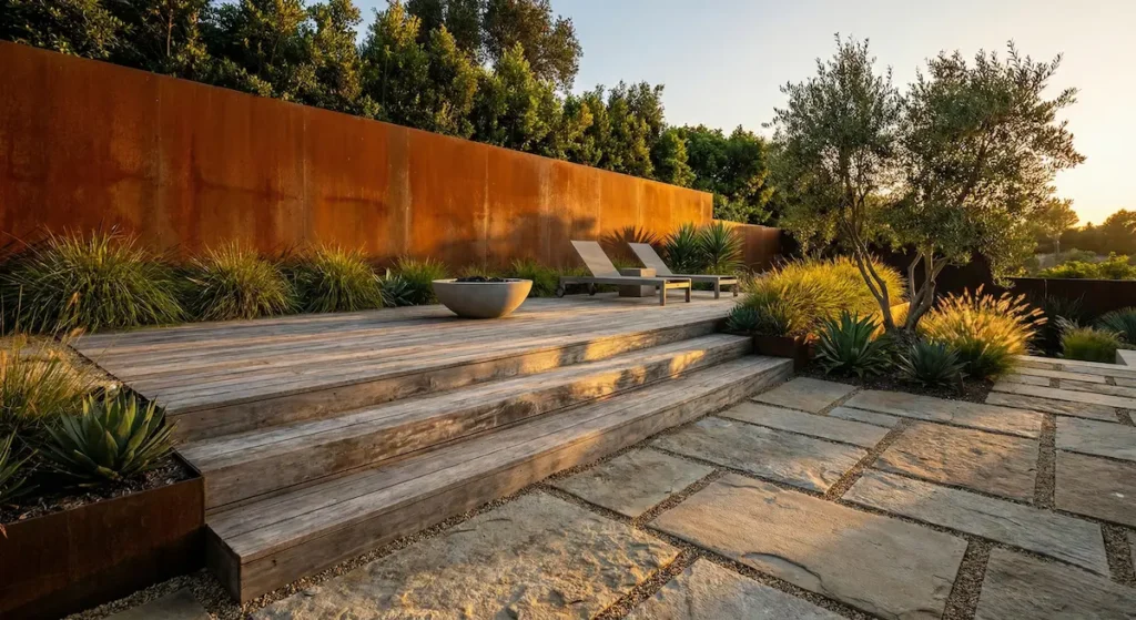 panorámica de jardín reflejando la pátina del tiempo