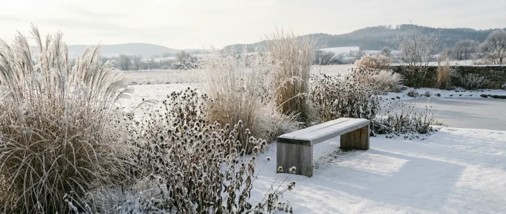 Vista panorámica 21:9 de jardín invernal con gramíneas escarchadas.