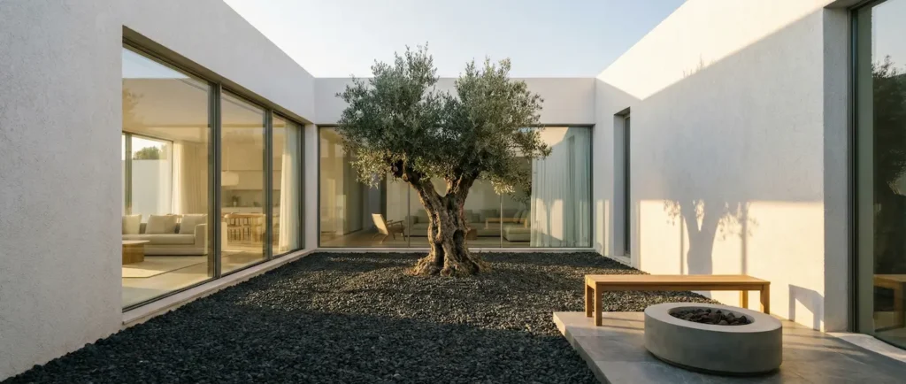 patio interior con olivo centenario y grava oscura