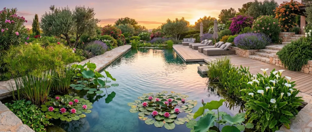 panorámica de alberca-piscina natural con acuáticas integrado en jardín