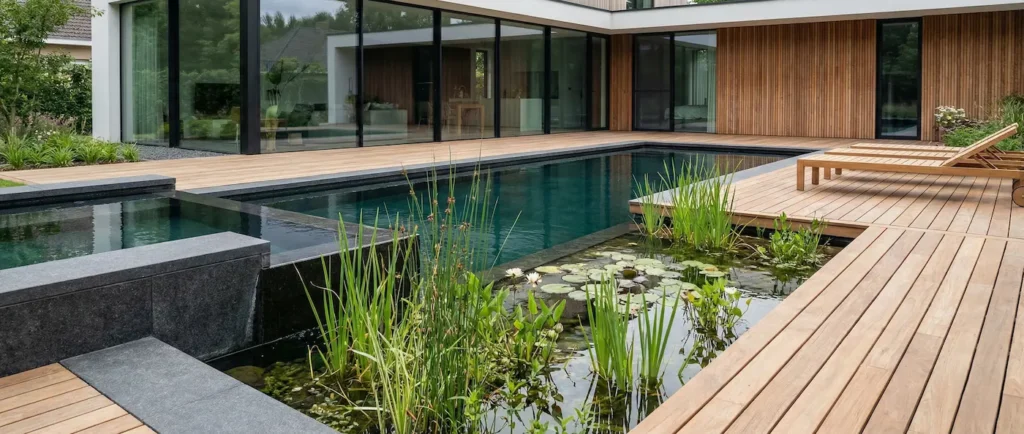 panoramica general piscina bio, con juego de agua y tarima de madera