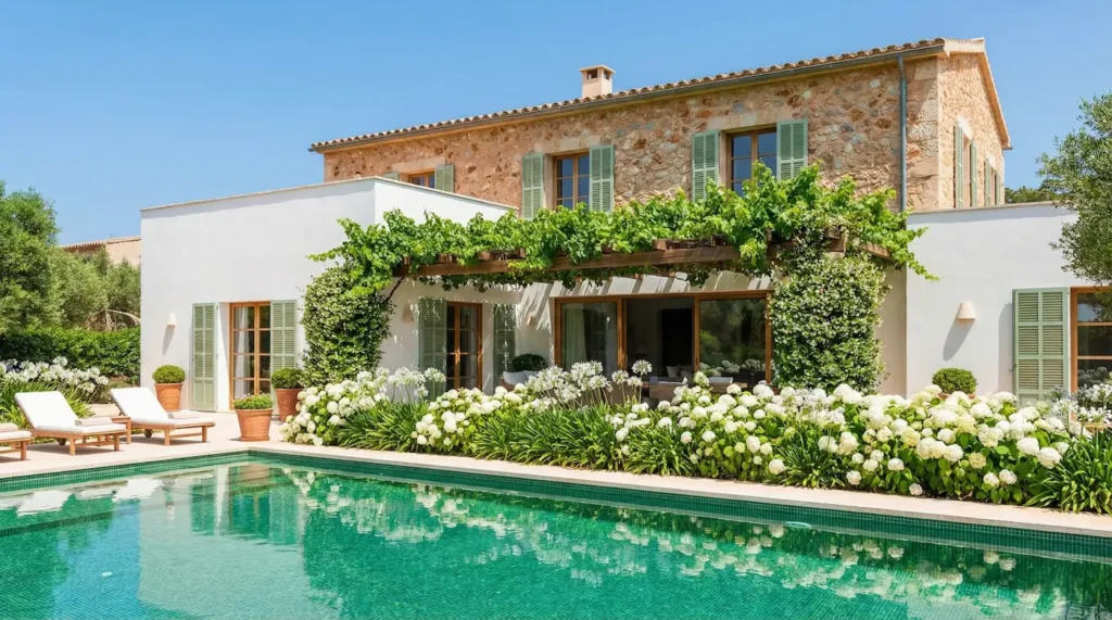 Piscina de color verde esmeralda frente a una fachada de piedra y blanco, separada por un parterre de flores blancas.