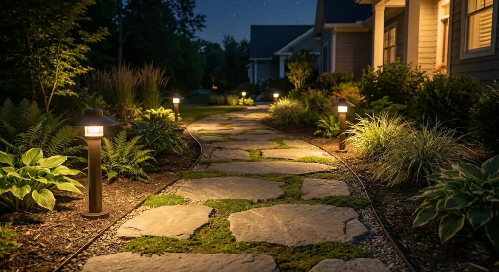 Camino de jardín iluminado con balizas bajas de luz suave para no deslumbrar por la noche.