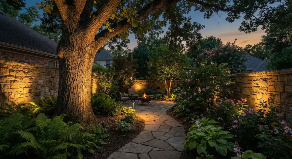 Focos LED cálidos escondidos en el suelo iluminando un árbol desde abajo en un jardín nocturno.