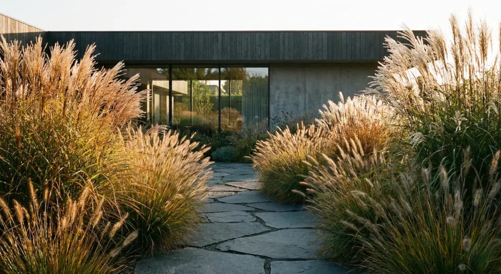Camino de jardín de lujo con gramíneas y perennes al atardecer.