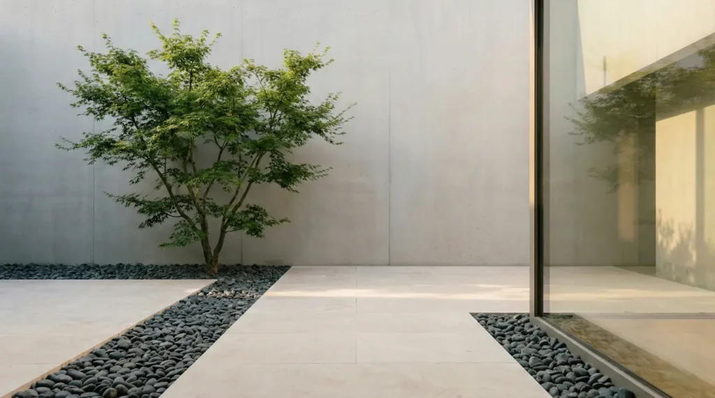 arce japonés sobre lecho de bolo negro en patio con pared alta de hormigón