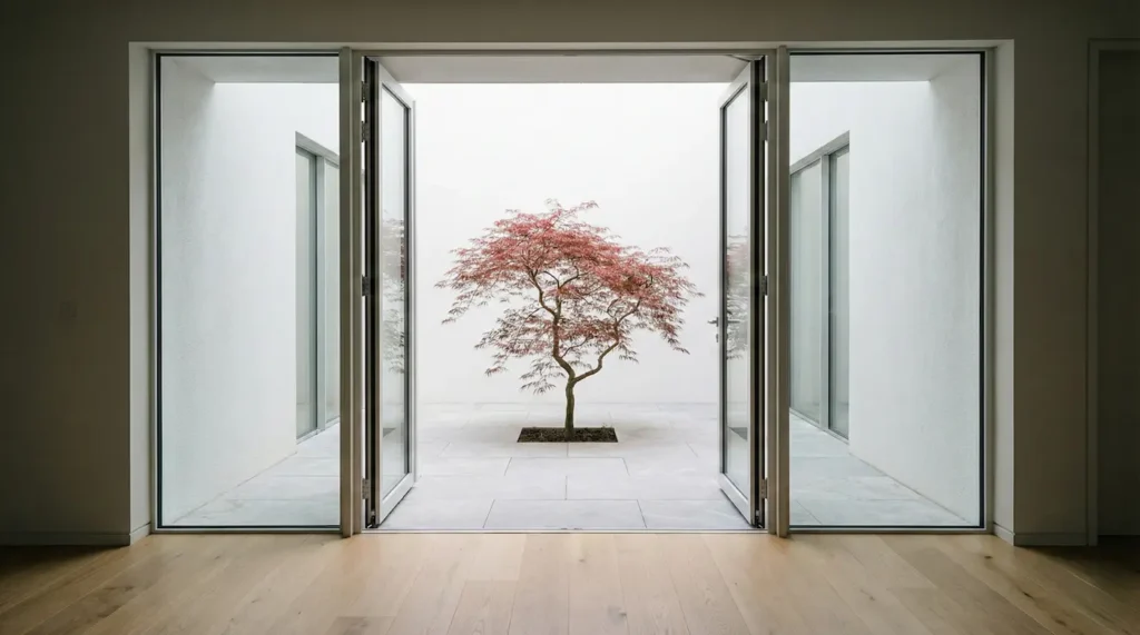Continuidad de pavimento entre interior y exterior en un patio minimalista con un Arce Japonés.