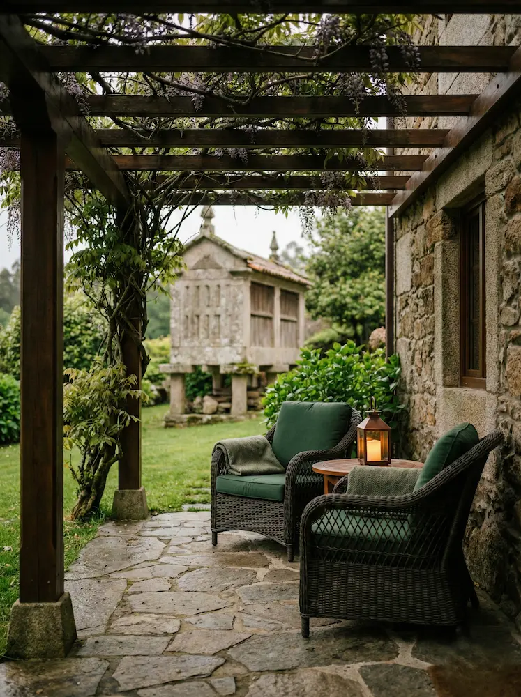 Acogedora zona de estar exterior cubierta por una pérgola de madera, ideal para contemplar un jardín gallego en días de lluvia.