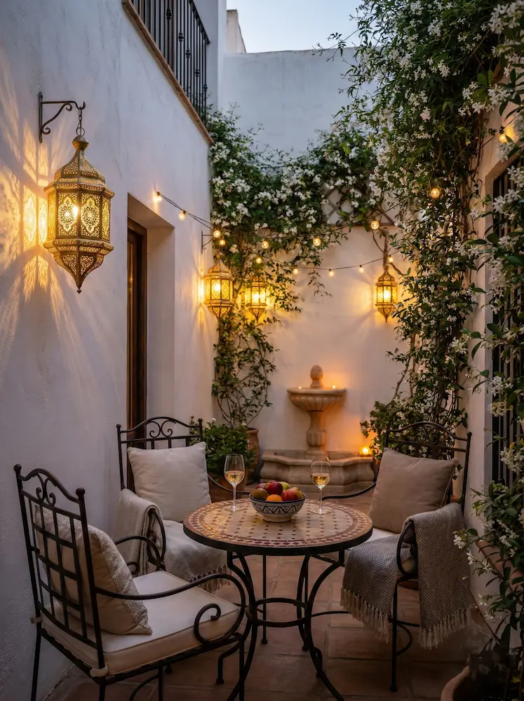 Acogedor patio andaluz iluminado de noche con faroles de estilo marroquí, sillas de forja y plantas trepadoras en las paredes.