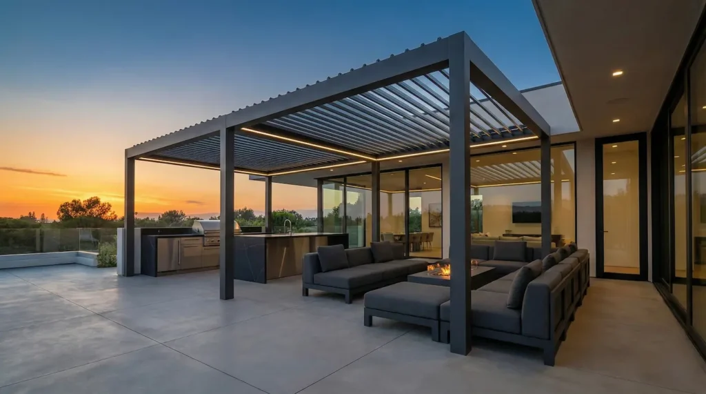 Terraza de líneas actuales con pérgola de aluminio gris para dar sombra a la zona de estar