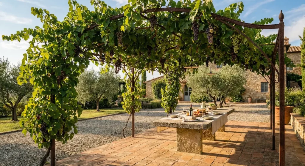 Pérgola de hierro proporcionando sombra densa gracias a una parra madura con racimos de uvas colgando.